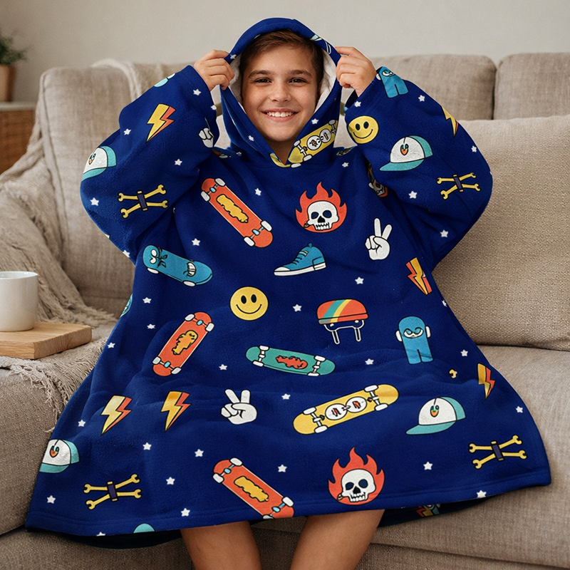 Boys Snuggy Sherpa hoodie in assorted printed designs, featuring ultra-soft sherpa fleece for warm, cosy comfort during chilly days and nights.