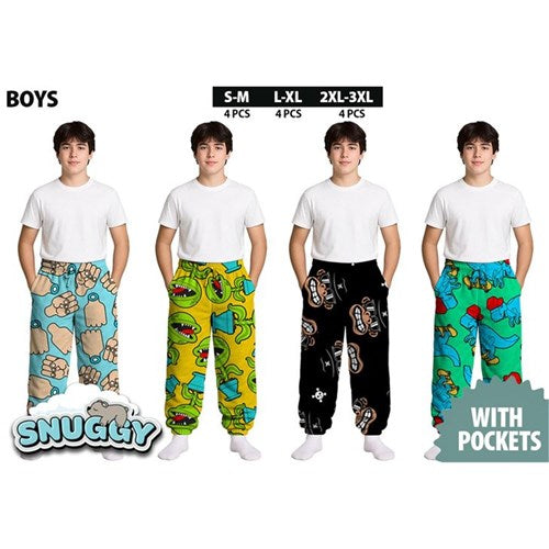 Boys Snuggy Sherpa pants in assorted Style 1 designs, featuring ultra-soft fleece for warm, cosy comfort during colder days and nights.