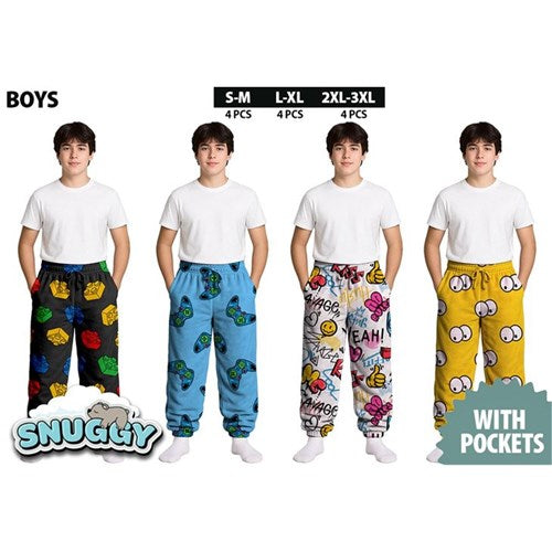 Boys Snuggy Sherpa pants in assorted Style 2 designs, featuring ultra-soft fleece for warm, cosy comfort during colder days and nights.