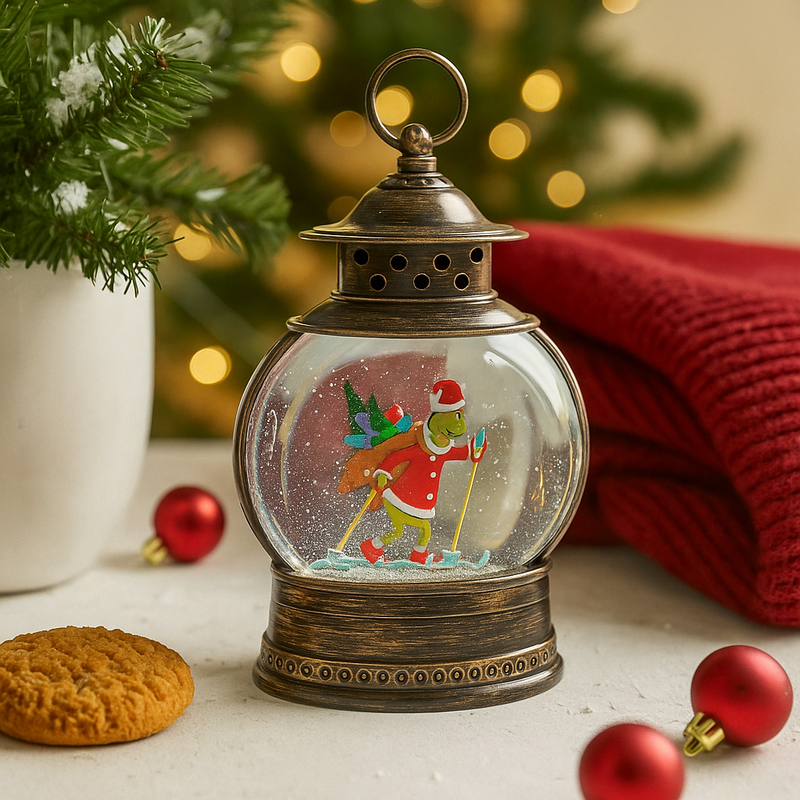 Brass LED lantern with skiing Grinch and water-spinning glitter effect, festive Christmas decoration