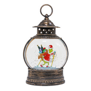 Brass LED lantern with skiing Grinch and water-spinning glitter effect, festive Christmas decoration