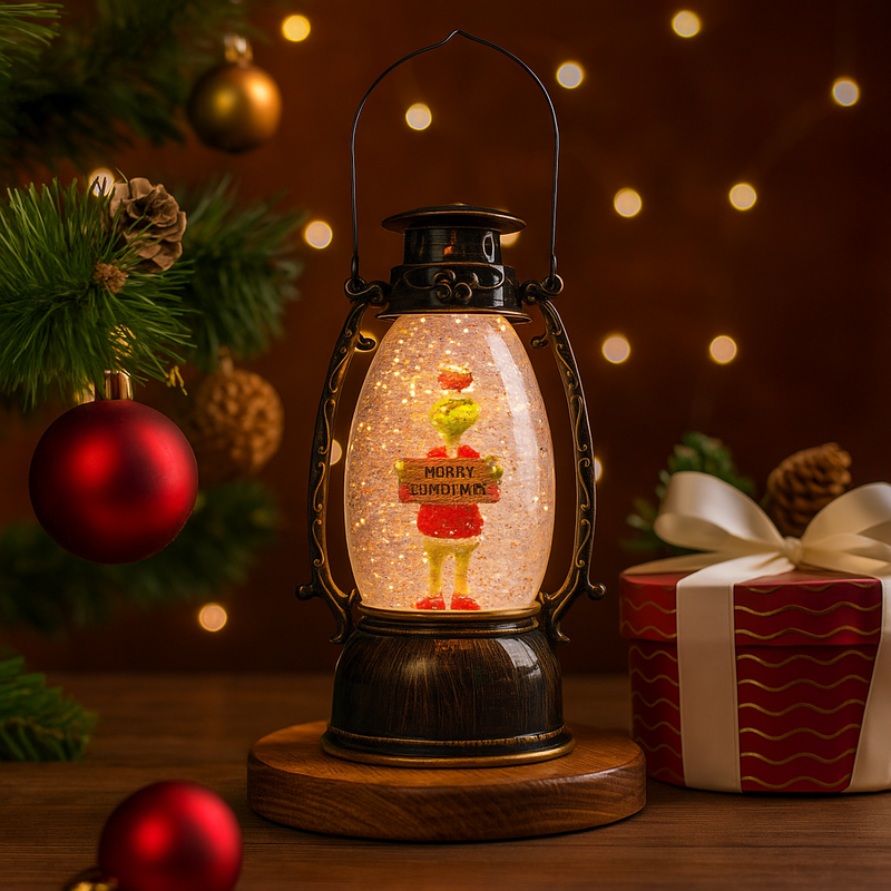 Brass LED water-spinning lantern featuring Grinch holiday scene and “Merry Grinchmas” text.