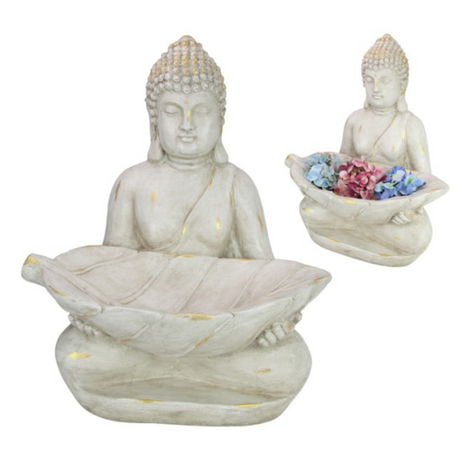 Ronis Buddha Holding Leaf White & Gold Brushed 68cm