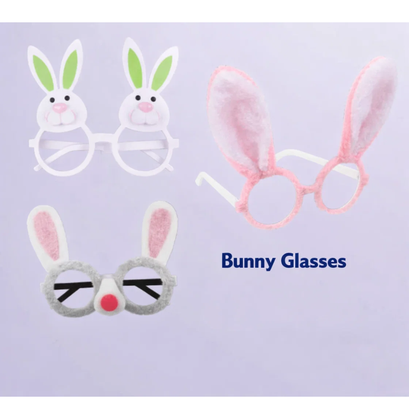 Three pairs of bunny glasses with different color schemes on a light purple background.