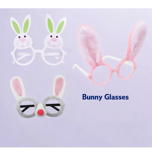 Three pairs of bunny glasses with different color schemes on a light purple background.