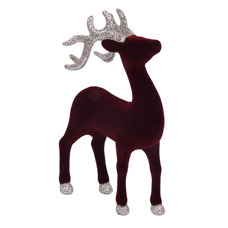 Ronis Burgundy Flocked Reindeer With Champagne Glitter Antlers 21cm