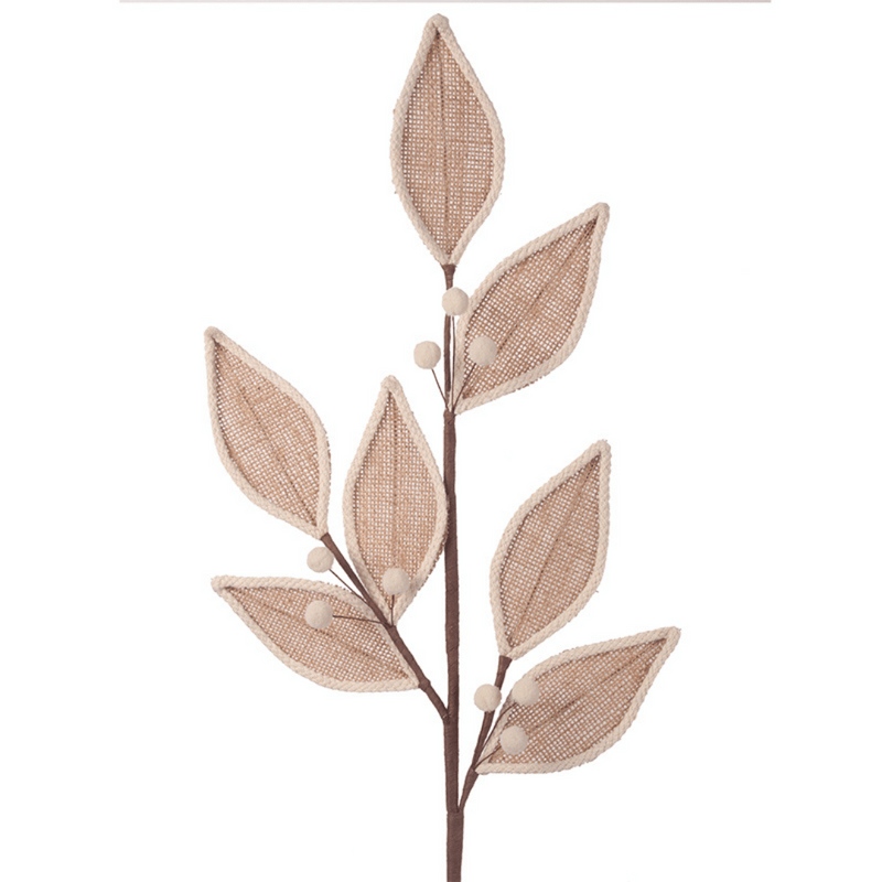 71cm burlap leaf stem with ivory berries for rustic Christmas tree and floral decorations