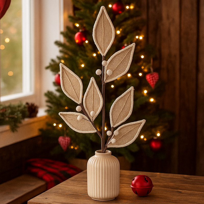 71cm burlap leaf stem with ivory berries for rustic Christmas tree and floral decorations
