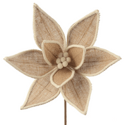 Burlap poinsettia with ivory trim, 32cm diameter flower on 50cm stem for rustic Christmas décor