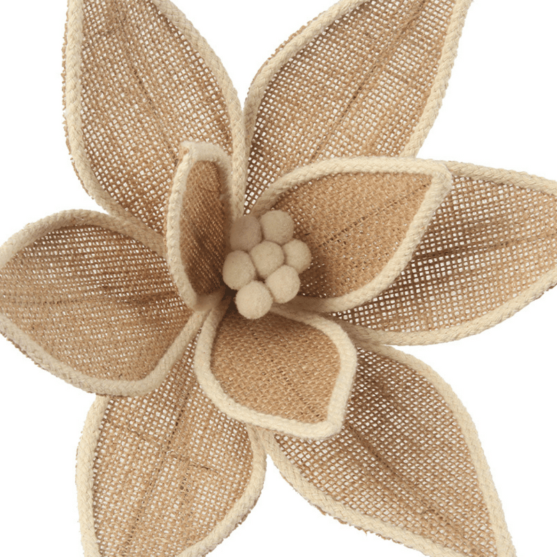 Burlap poinsettia with ivory trim, 32cm diameter flower on 50cm stem for rustic Christmas décor