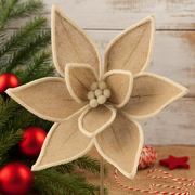 Burlap poinsettia with ivory trim, 32cm diameter flower on 50cm stem for rustic Christmas décor