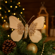 Champagne butterfly clip ornament 11x13cm with glittered wings for Christmas tree decoration
