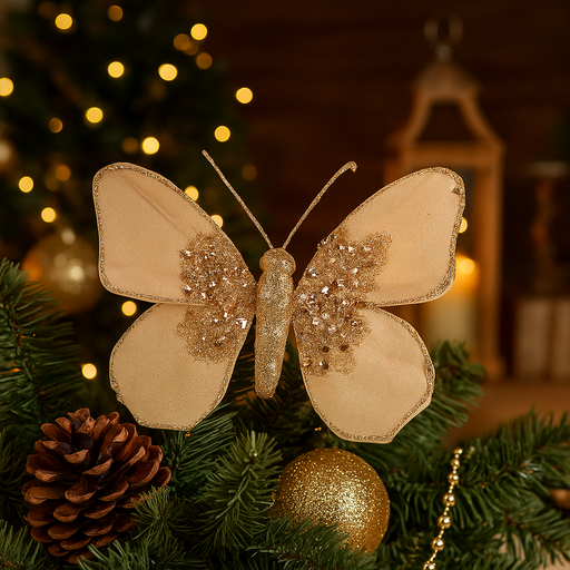 Champagne butterfly clip ornament 11x13cm with glittered wings for Christmas tree decoration