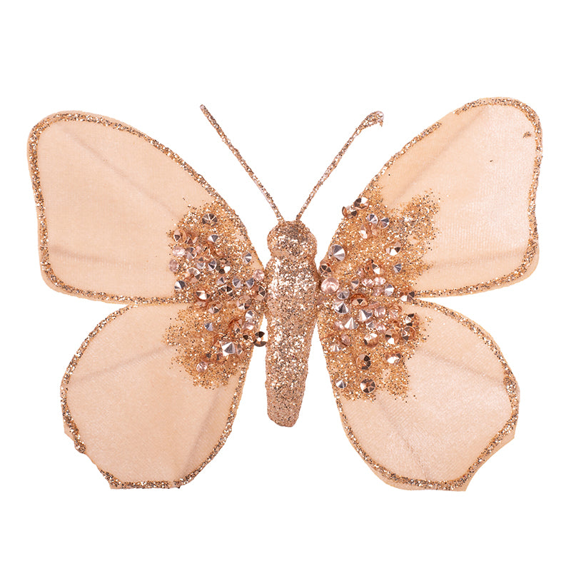 Champagne butterfly clip ornament 11x13cm with glittered wings for Christmas tree decoration