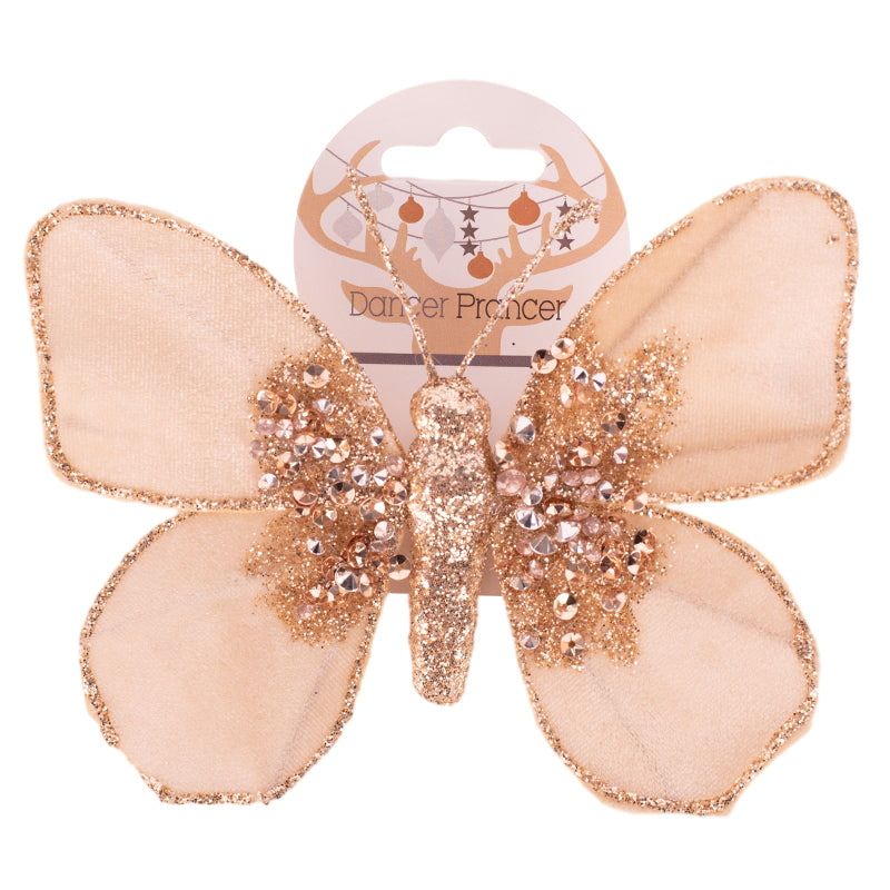 Champagne butterfly clip ornament 11x13cm with glittered wings for Christmas tree decoration