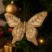 Decorative champagne butterfly with clip for Christmas décor