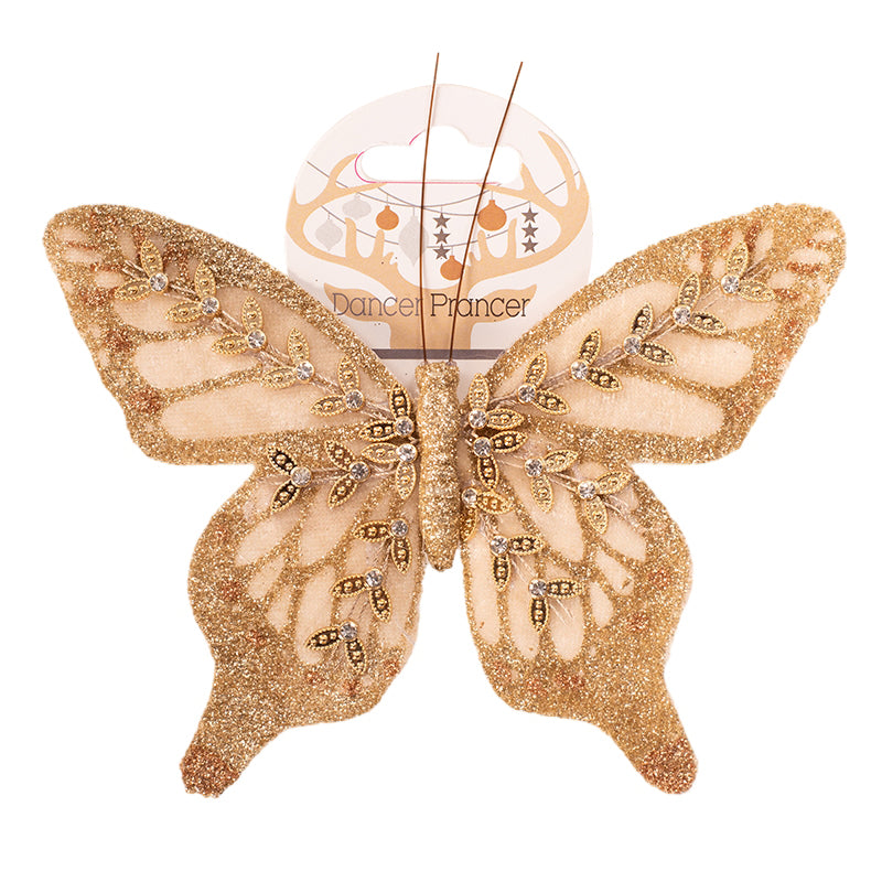 Decorative champagne butterfly with clip for Christmas décor