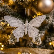 Silver butterfly decoration with clip, 17.5x12cm, glitter detail for Christmas trees and wreaths