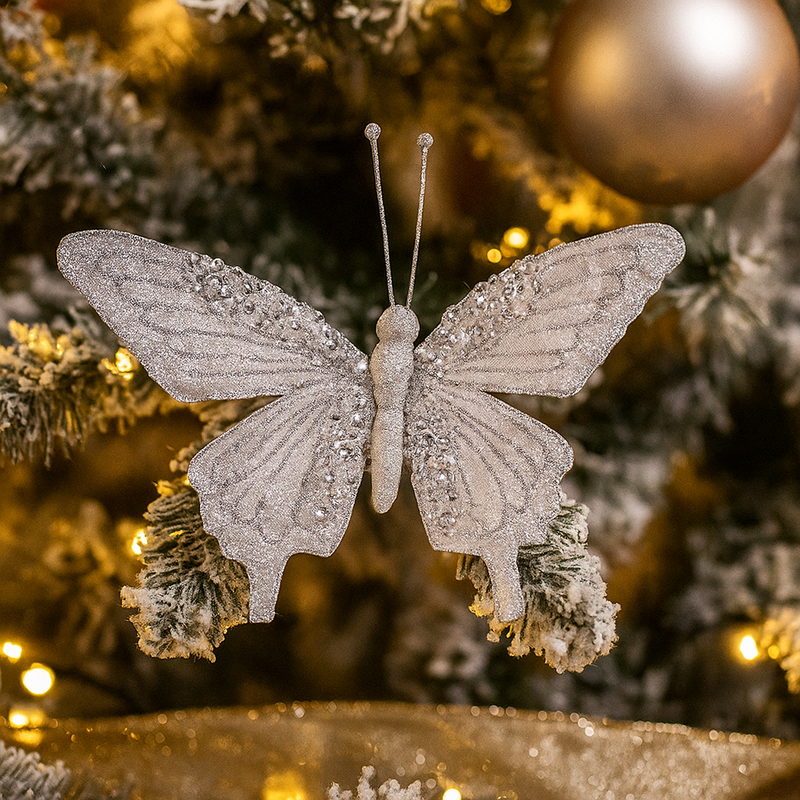 Silver butterfly decoration with clip, 17.5x12cm, glitter detail for Christmas trees and wreaths