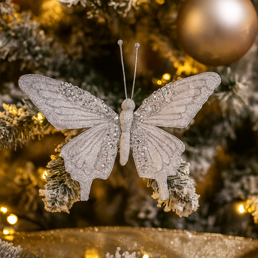 Silver butterfly decoration with clip, 17.5x12cm, glitter detail for Christmas trees and wreaths
