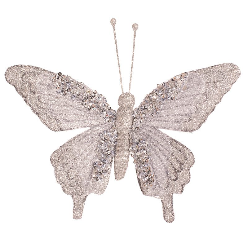Silver butterfly decoration with clip, 17.5x12cm, glitter detail for Christmas trees and wreaths