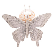 Silver butterfly decoration with clip, 17.5x12cm, glitter detail for Christmas trees and wreaths