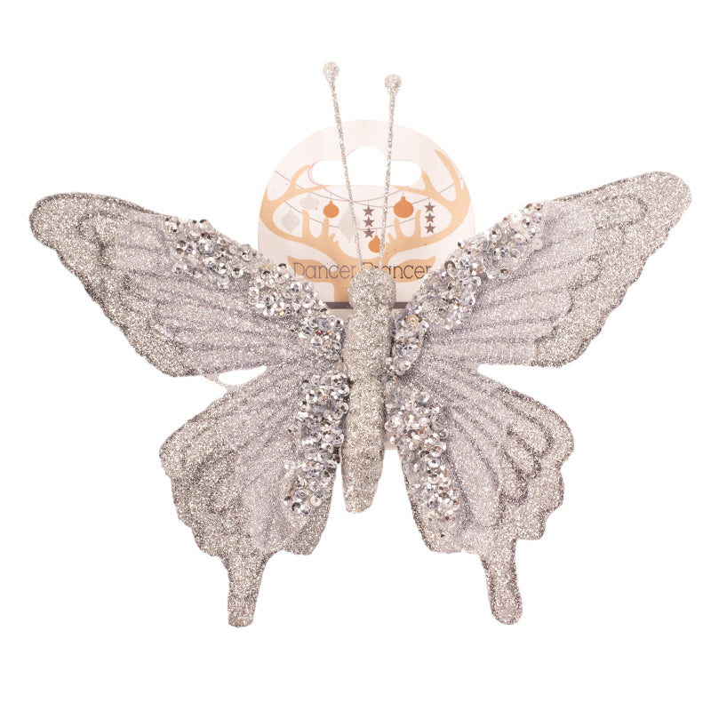 Silver butterfly decoration with clip, 17.5x12cm, glitter detail for Christmas trees and wreaths