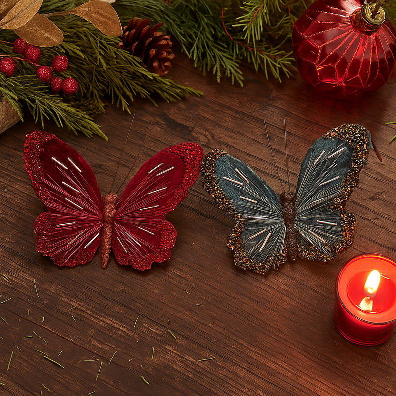 Assorted butterfly clips in burgundy and emerald for Christmas tree décor