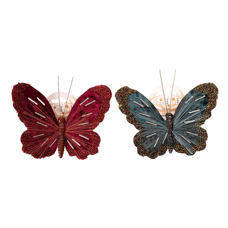 Assorted butterfly clips in burgundy and emerald for Christmas tree décor