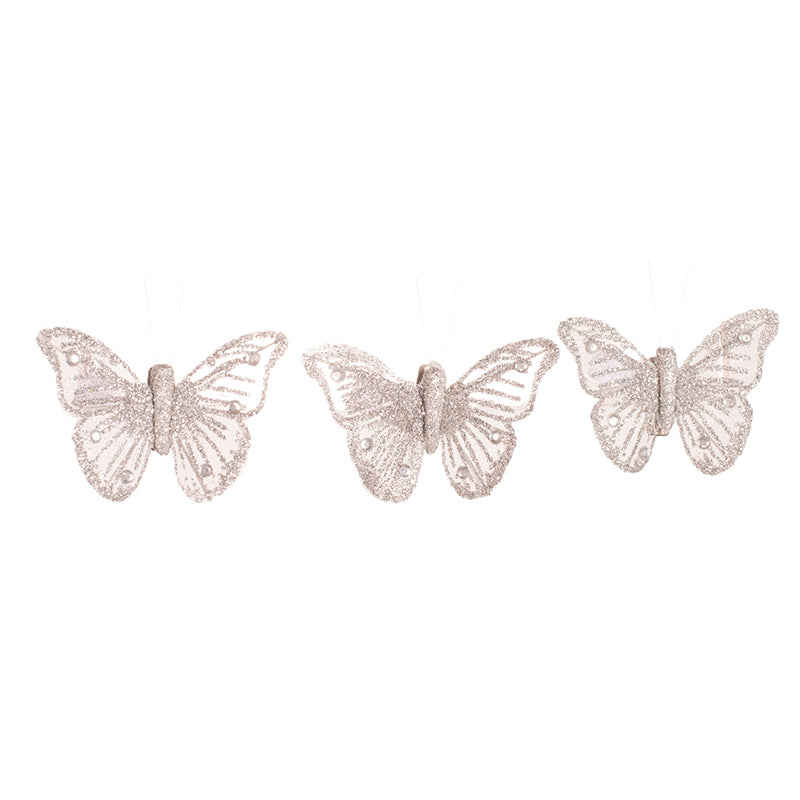 Silver glitter butterfly decorations with clips, 3-pack, 7x5cm each, for Christmas trees and wreaths