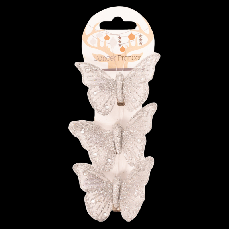Silver glitter butterfly decorations with clips, 3-pack, 7x5cm each, for Christmas trees and wreaths