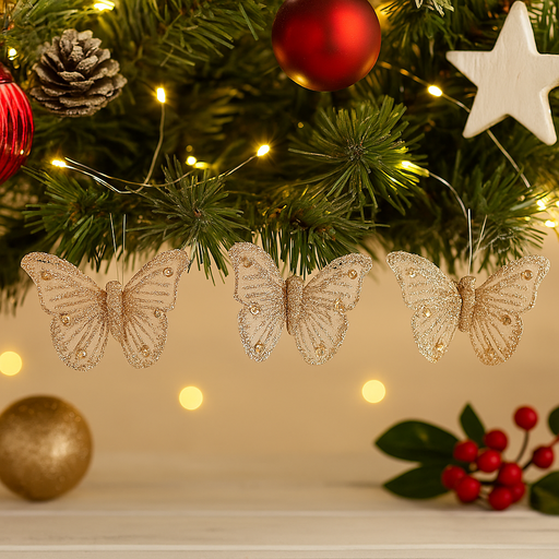 Festive butterfly decorations with clips 3 pack champagne