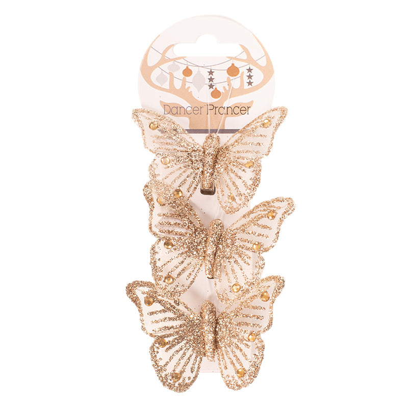 Festive butterfly decorations with clips 3 pack champagne