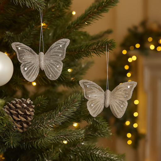 Silver glitter butterfly decorations with clips, 2-pack, 9x6cm each, for Christmas trees and wreaths