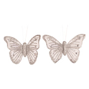 Silver glitter butterfly decorations with clips, 2-pack, 9x6cm each, for Christmas trees and wreaths