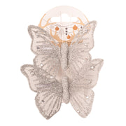 Silver glitter butterfly decorations with clips, 2-pack, 9x6cm each, for Christmas trees and wreaths