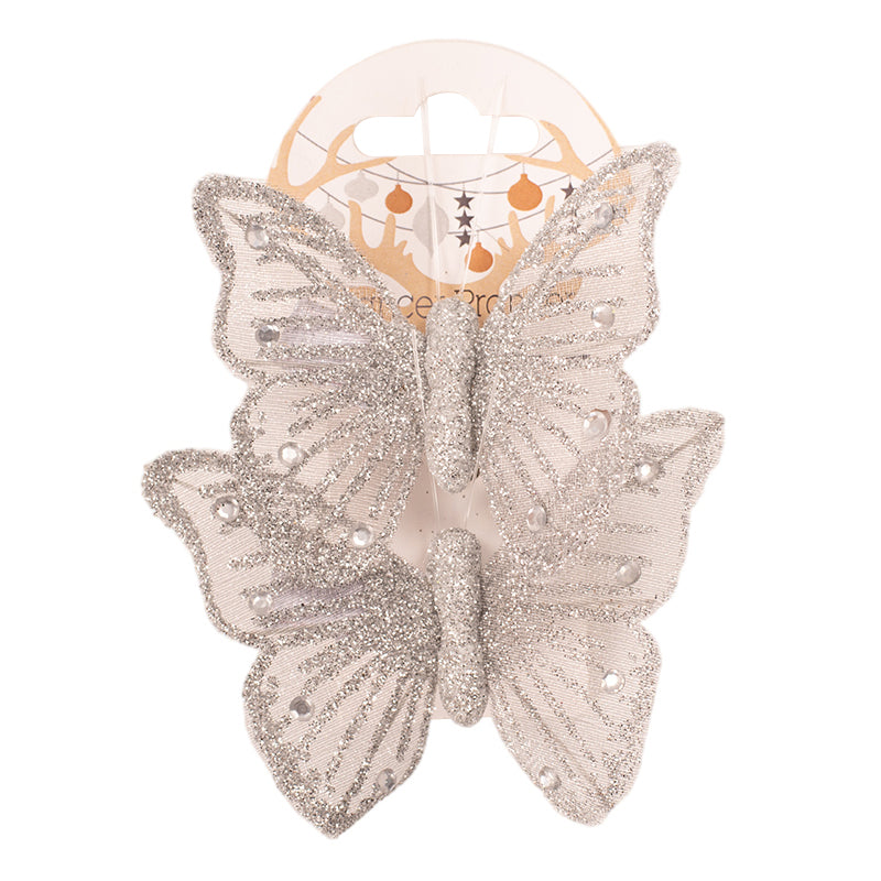 Silver glitter butterfly decorations with clips, 2-pack, 9x6cm each, for Christmas trees and wreaths