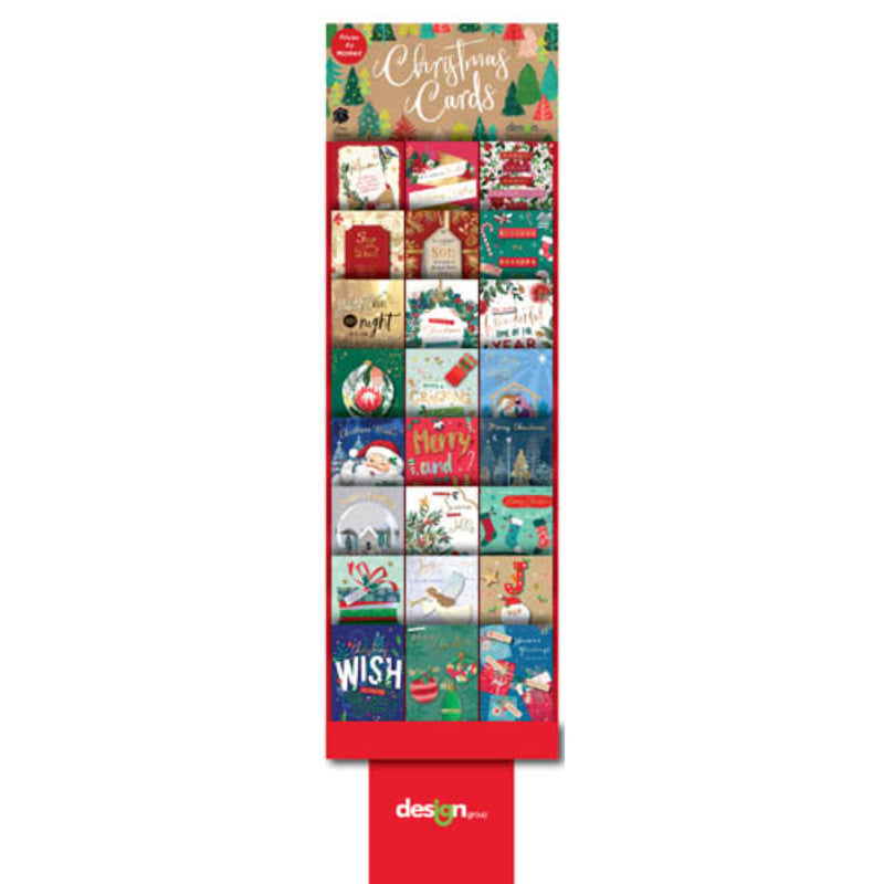 Freestanding display stand filled with assorted Christmas cards.