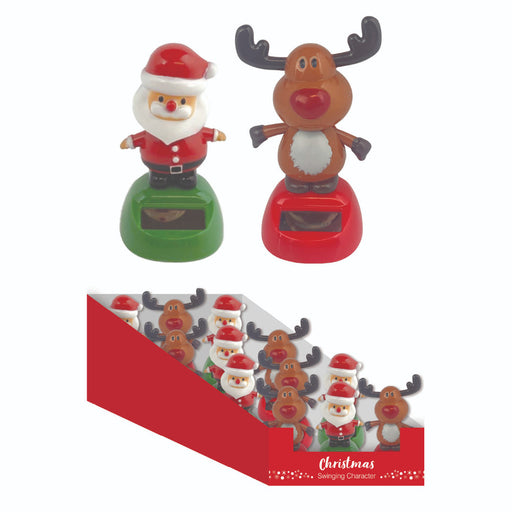 Solar powered swinging Santa and reindeer ornament on a windowsill.