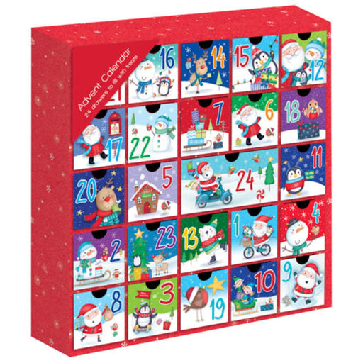 Reusable winter themed advent box calendar for kids filled with small treats.
