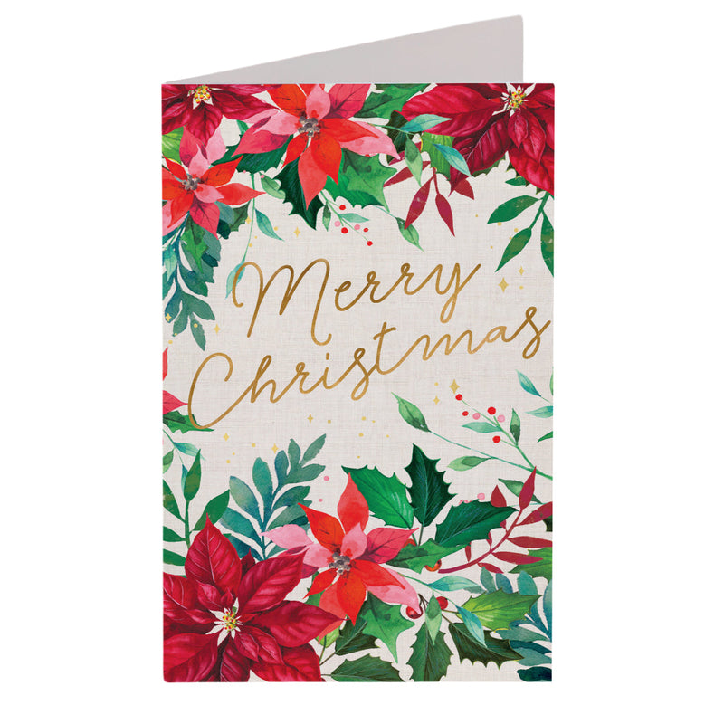 Boxed Christmas cards featuring poinsettia floral festive artwork.