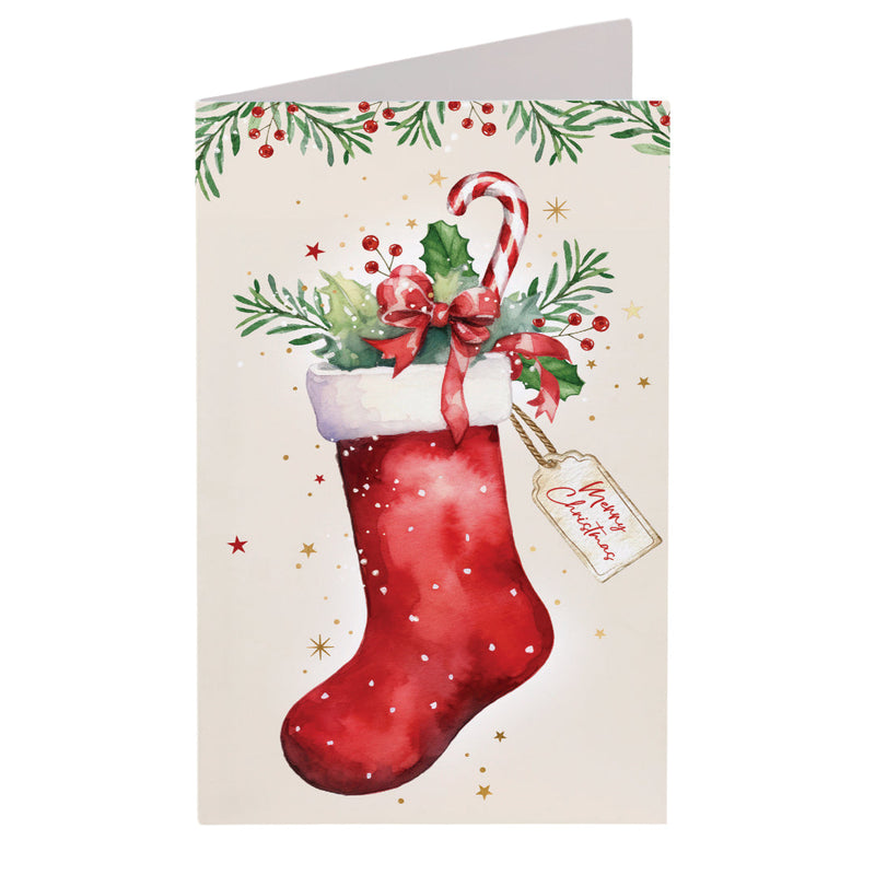 Boxed Christmas cards featuring a festive stocking themed design.