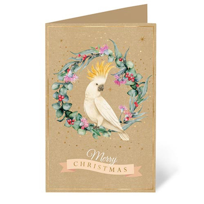 Boxed set of Christmas cards featuring a festive cockatoo illustration.