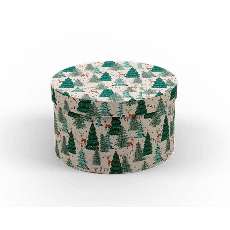 Round nested Christmas tree design gift boxes stacked in a tower.