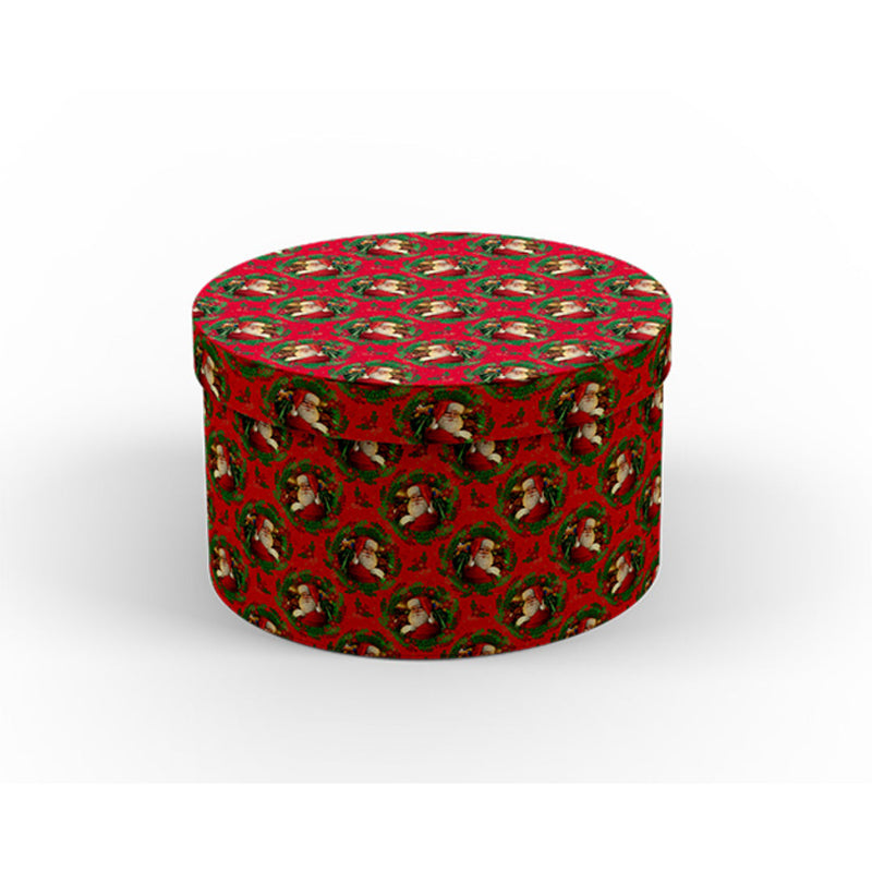 Stack of round nested Santa themed Christmas gift boxes in various sizes.
