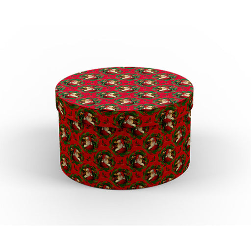 Stack of round nested Santa themed Christmas gift boxes in various sizes.