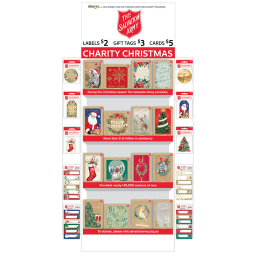 Retail stand filled with boxed Christmas cards and matching gift tags.