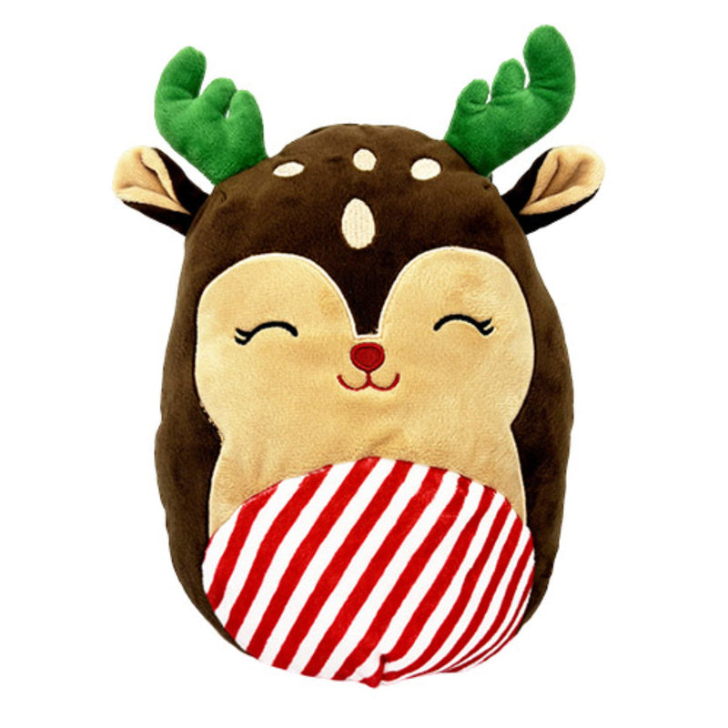 Soft squishy reindeer plush toy standing on a Christmas themed background.