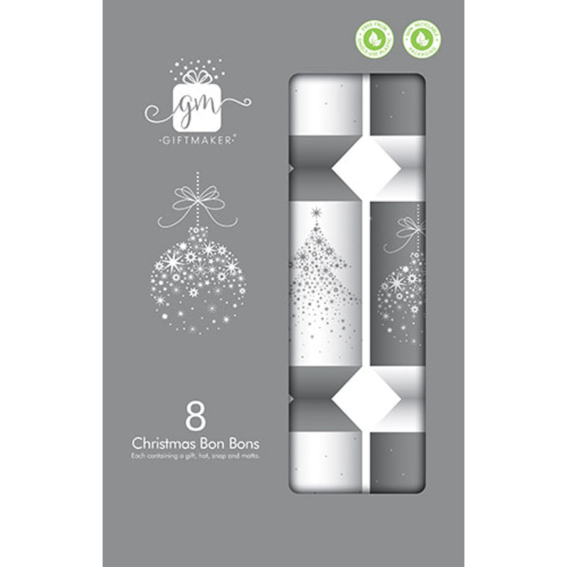 Silver and white Christmas crackers arranged with winter themed tableware.