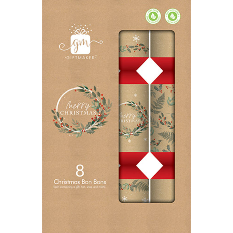 Kraft and foil accented Christmas crackers on a rustic festive table.
